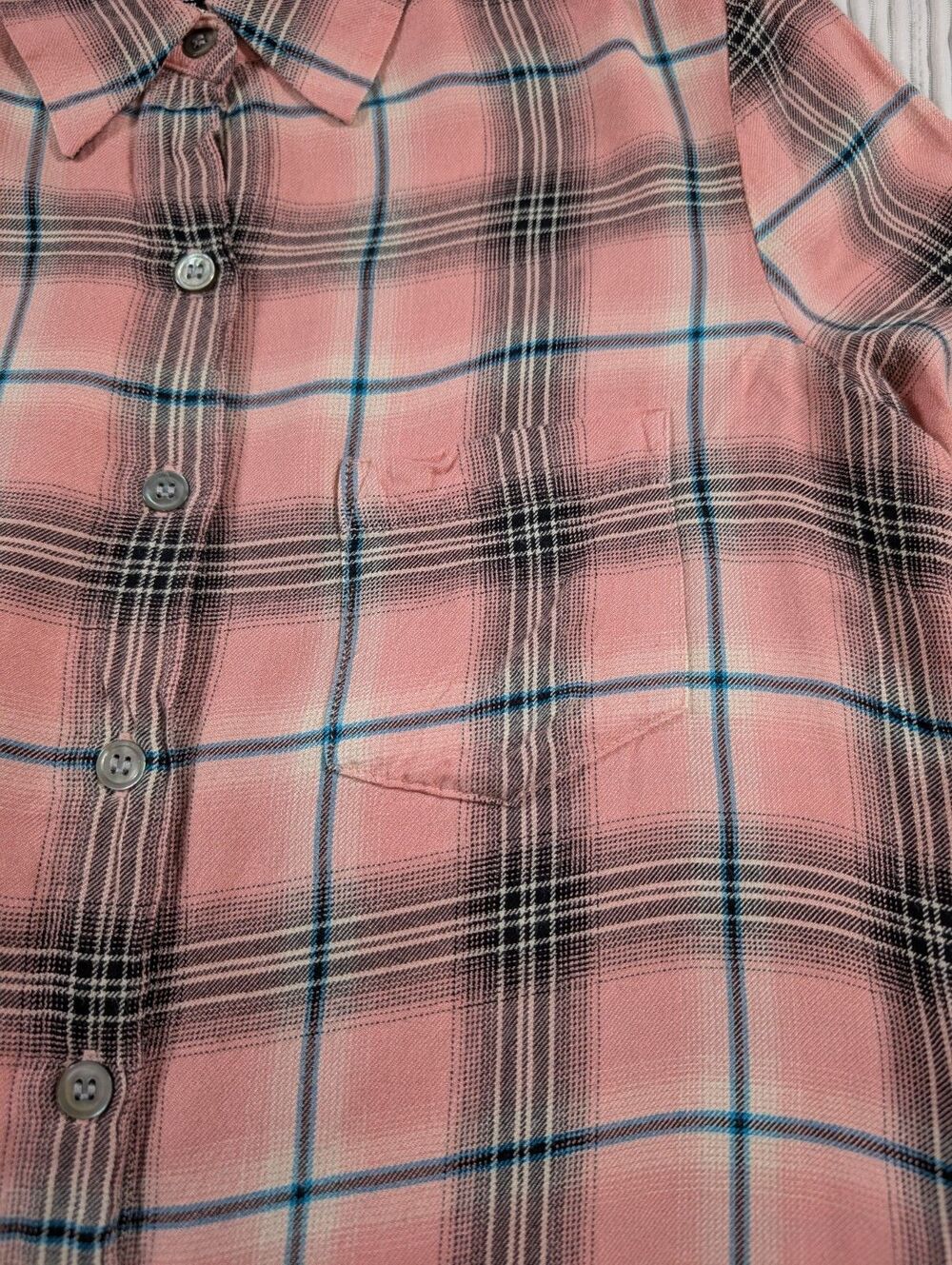 Karen Kane Top Womens XS Pink Plaid Roll Tab Button Up Long Sleeve Preppy Shirt - Picture 6 of 11
